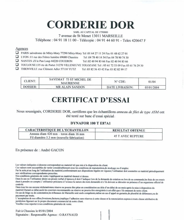 Corderie Dor — Certificat d'Essai — Ring ASM 420mm — 45T rupture